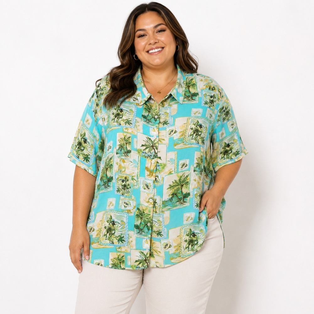 Rose + Olive Tropical Postcard Print Button Up Shirt Blue Toucan Palm Tree 1X